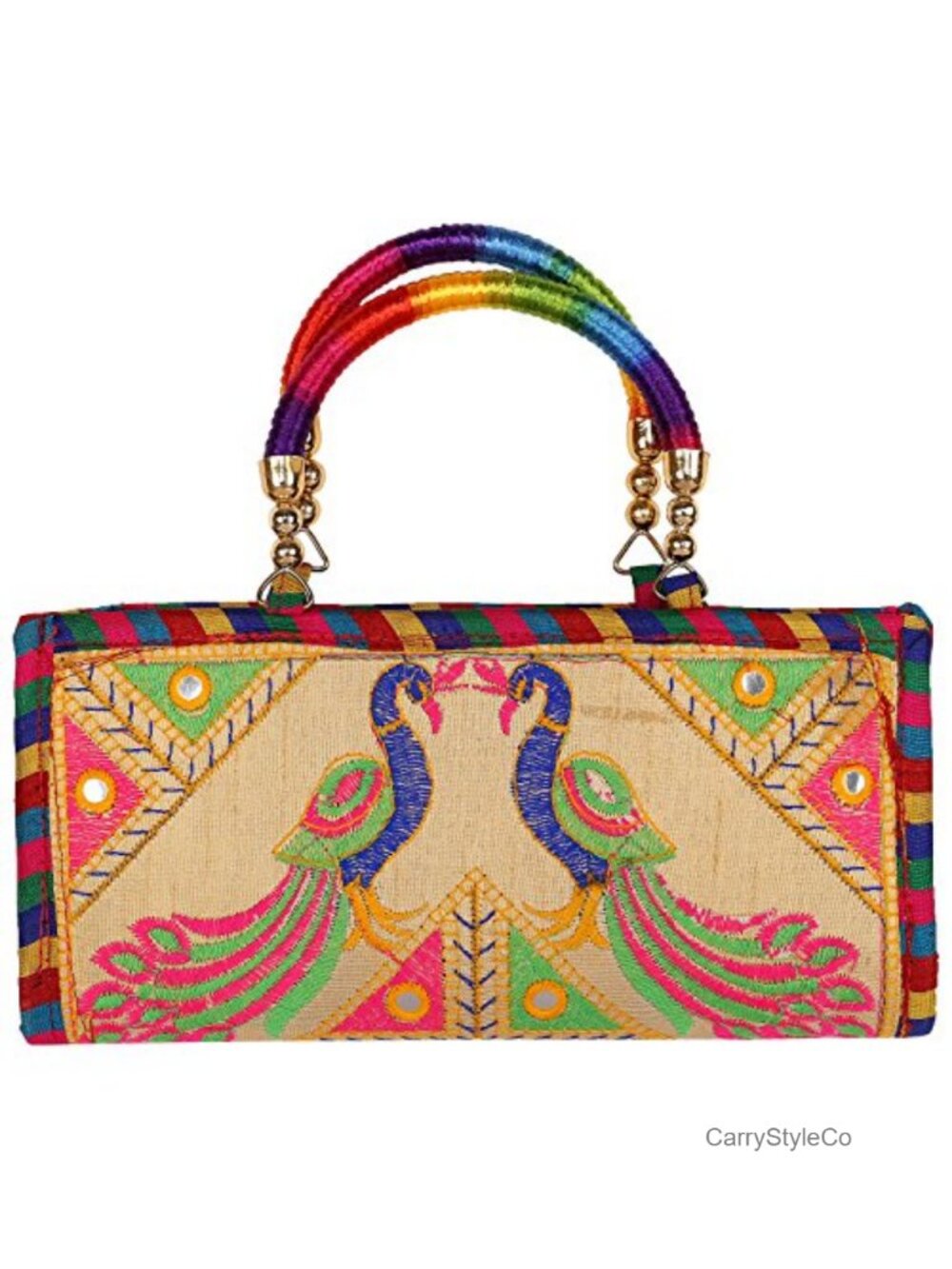 Cotton Embroidered Peacock Clutch Purse Mirror Work Evening Bag
